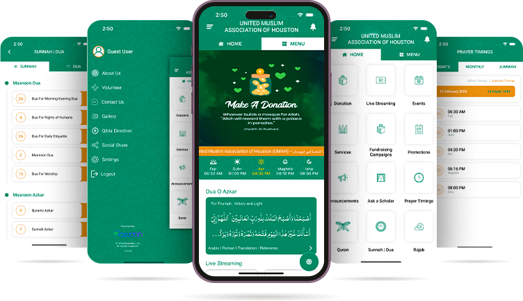 Screens of the UMAH mobile app showing prayer timings, events and announcements